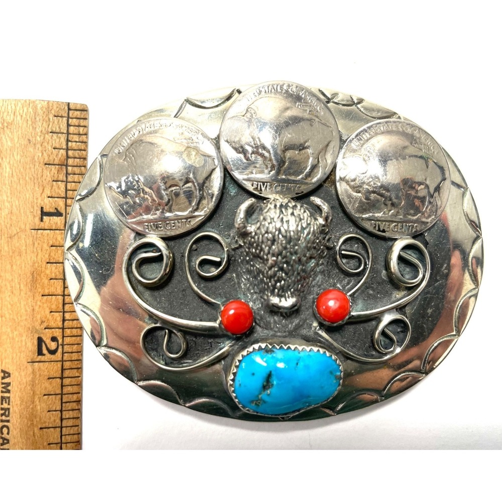 Nickel Silver Buffalo Head Belt Buckle Turquoise Coral w/Coins - Native American